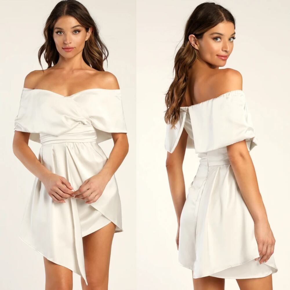 NWT Lulus Always Celebrating Ivory Satin Off-the-Shoulder Mini Dress Size XL